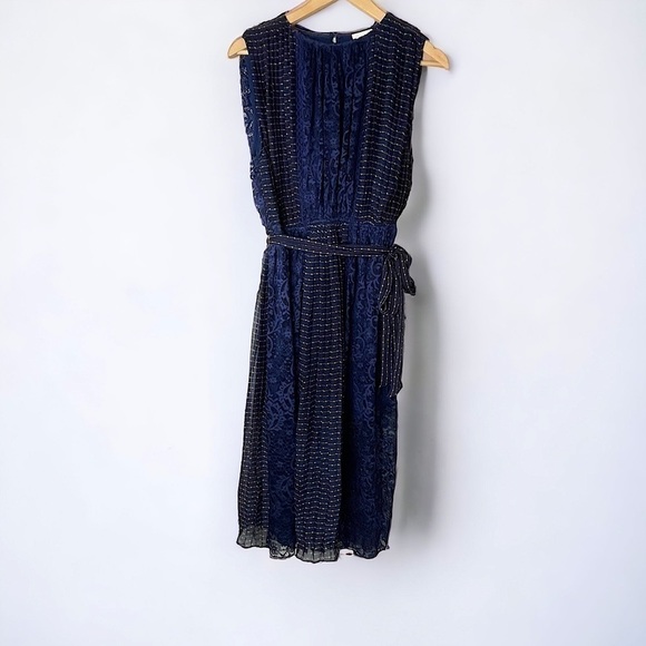 Foxiedox Anthropologie Midi Navy Blue  Lace& Pleated
Dress Medium - Picture 2 of 6